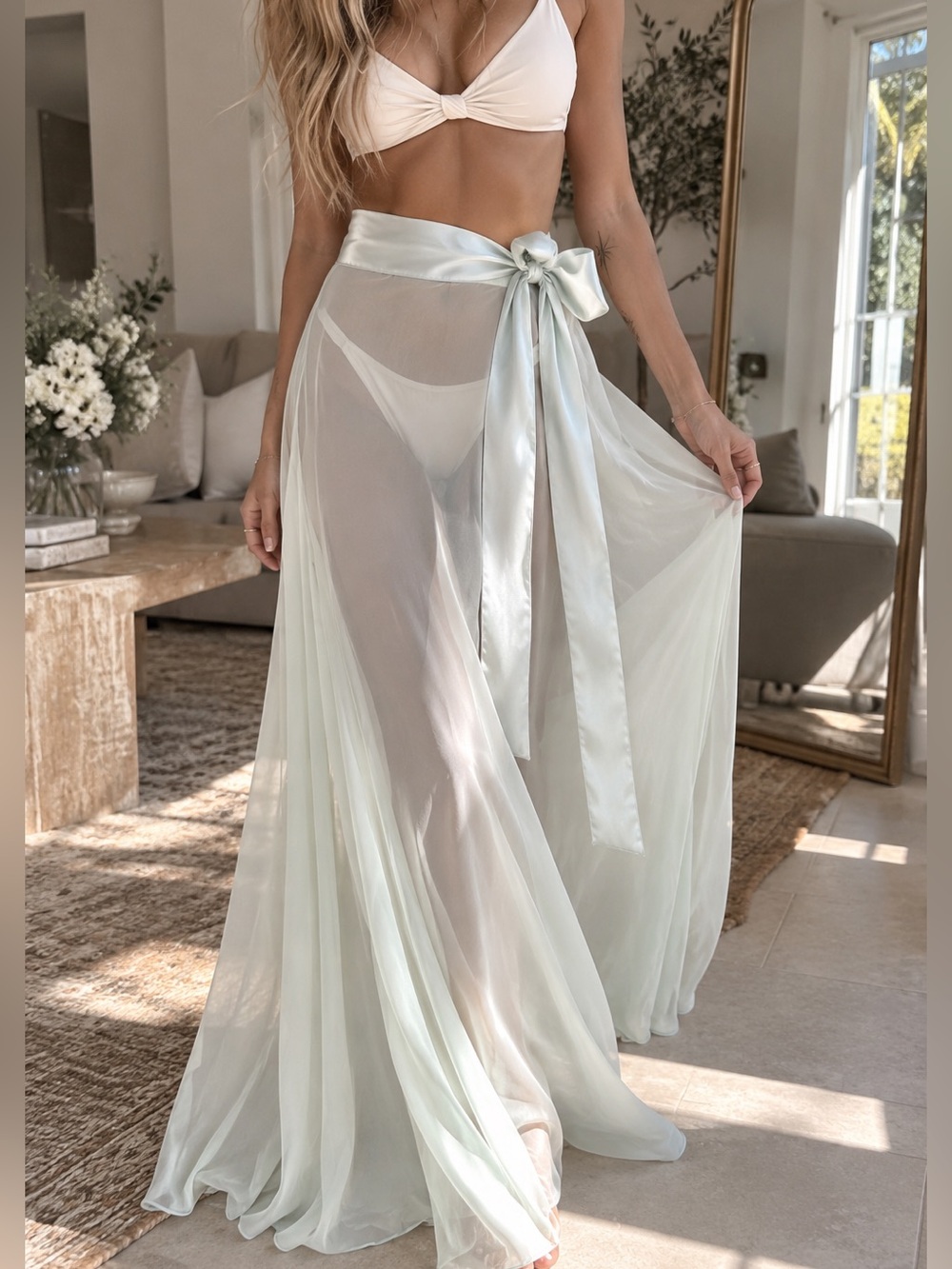 Sheer Wrap Maxi Skirt with Satin Tie in Light Mint